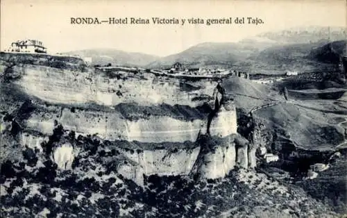 Ak Ronda Andalusien Spanien, Hotel Reina Victoria und Gesamtansicht des Tejo