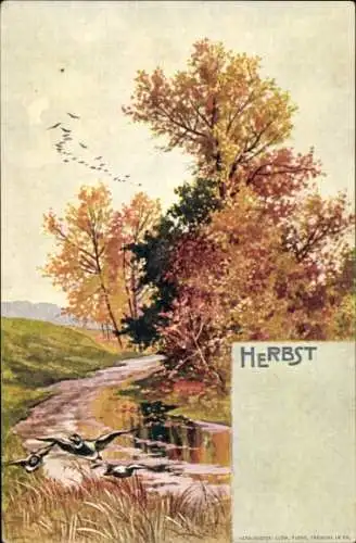 Künstler Ak Allegorie, Herbst, Fluss, Landschaft, Enten