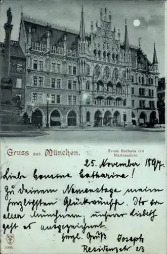 Ak München, Neues Rathaus, Mariensäule, Nachtansicht