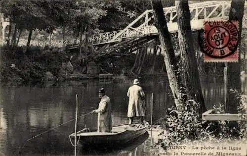 Ak Poissy Yvelines, la peche a la ligne sous la Passerelle de Migneaux