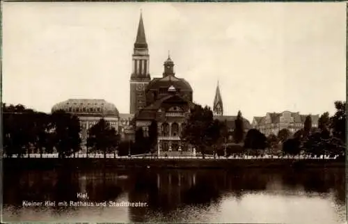 Ak Kiel, Kleiner Kiel mit Rathaus, Stadttheater