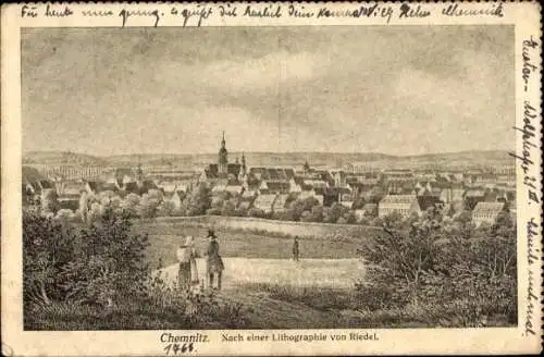 Ak Chemnitz in Sachsen, Gesamtansicht 1763, nach einer Lithographie von Riedel