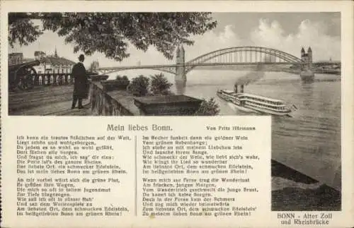 Ak Bonn am Rhein, Alter Zoll, Rheinbrücke, Dampfer, Kanone, Gedicht Mein liebes Bonn