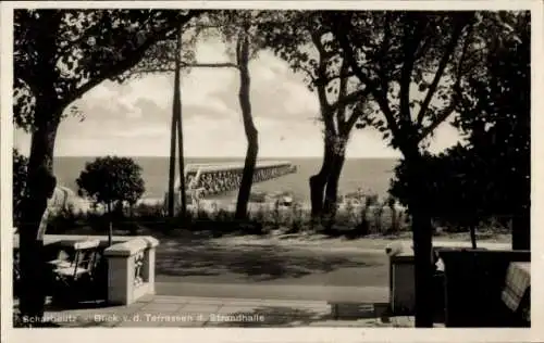 Ak Ostseebad Scharbeutz in Holstein, Strandhalle, Terrasse, Meerblick, Steg