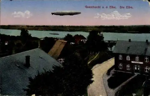 Ak Geesthacht an der Elbe, Zeppelin über der Elbe