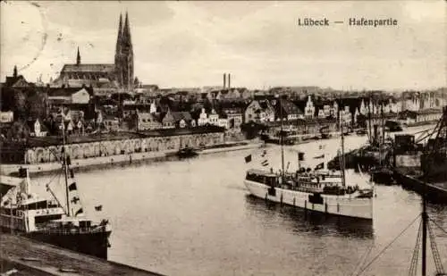 Ak Hansestadt Lübeck, Hafen, Kirchtürme