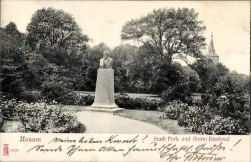 Ak Husum in Nordfriesland, Teilansicht, Stadtpark, Storm Denkmal