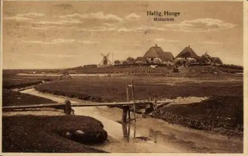 Ak Hallig Hooge in Nordfriesland, Middeltritt, Brücke, Mühle