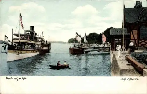 Ak Biebrich am Rhein Wiesbaden, Landungsplatz, Schiff, Ruderboot