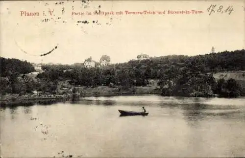 Ak Plauen im Vogtland, Stadtpark mit Tennera-Teich, Bärenstein-Turm