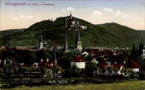 Ak Wernigerode im Harz, Stadt vom Eisenberg gesehen, Schloss