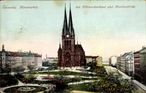 Ak Chemnitz Sachsen, Körnerplatz mit Körnerdenkmal und Markuskirche