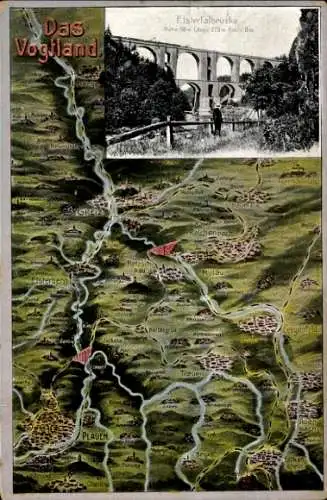 Künstler Landkarten Ak Das Vogtland, Elstertalbrücke