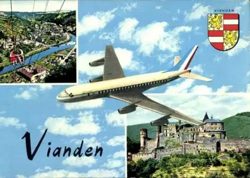 Ak Vianden Luxemburg, Burg, Seilbahn, Flugzeug, Wappen