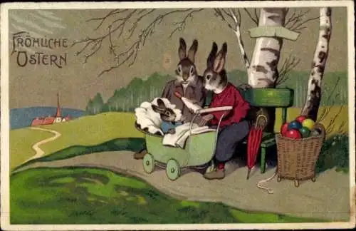 Ak Glückwunsch Ostern, Osterhasen-Familie, Kind im Kinderwagen, Ostereier, Birken