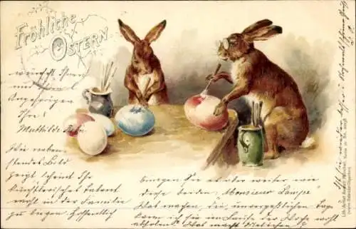 Litho Glückwunsch Ostern, Hasen bemalen Ostereier