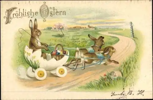 Litho Glückwunsch Ostern, Osterhasen, Eierschale-Kutsche