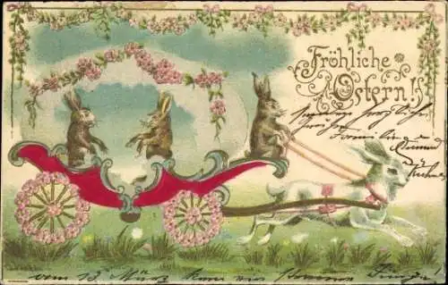 Präge Litho Glückwunsch Ostern, Osterhasen, Kutsche