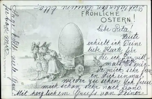 Litho Glückwunsch Ostern, Osterhasen, Großes Osterei