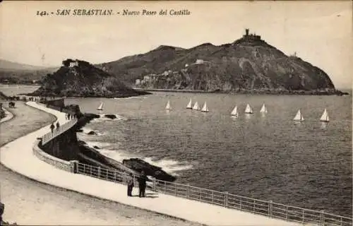 Ak Donostia San Sebastian Baskenland, Nuevo Paseo del Castillo, Schloss, Insel, Berg, Promenade