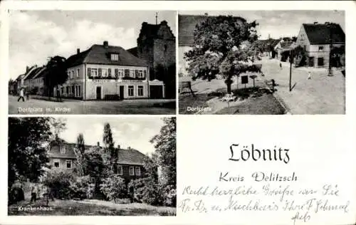 Ak Löbnitz Kreis Delitzsch Sachsen, Dorfplatz, Kirche, Krankenhaus