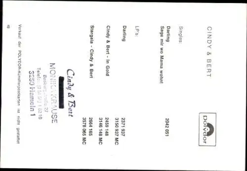 Ak Musikgruppe Cindy und Bert, Portrait, Autogramme