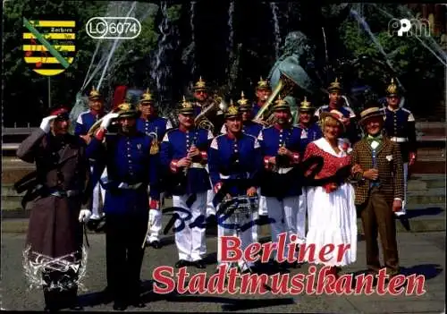 Ak Musikgruppe berliner stadtmusikanten, Portrait mit Musikinstrumenten, Autogramm