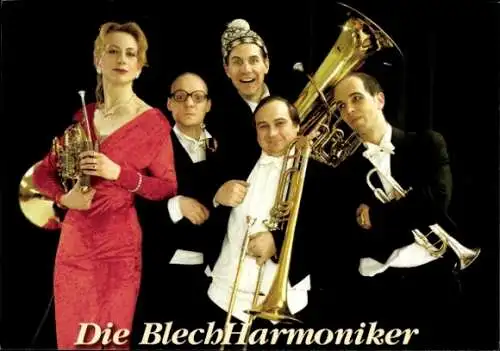 Ak Musikgruppe Die BlechHarmoniker, Portrait mit Musikinstrumenten, Autogramme