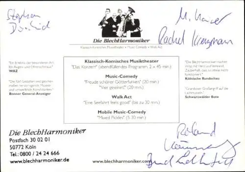 Ak Musikgruppe Die BlechHarmoniker, Portrait mit Musikinstrumenten, Autogramme