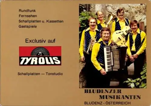 Ak Musikgruppe Bludenzener Musikanten, Portrait mit Musikinstrumenten, Autogramme