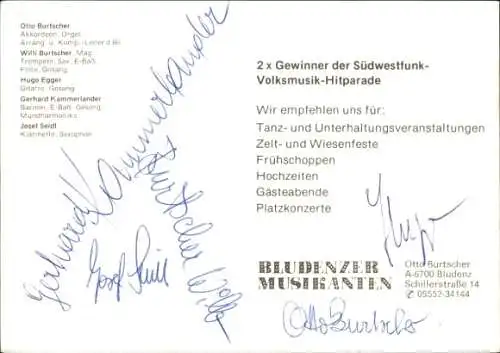 Ak Musikgruppe Bludenzener Musikanten, Portrait mit Musikinstrumenten, Autogramme