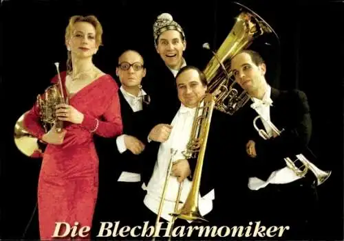 Ak Musikgruppe Die BlechHarmoniker, Portrait mit Musikinstrumenten, Autogramme