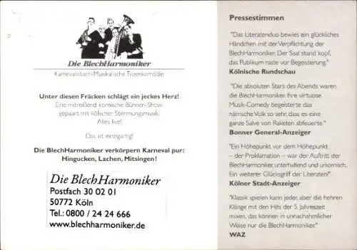 Ak Musikgruppe Die BlechHarmoniker, Portrait mit Musikinstrumenten, Autogramme