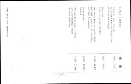Ak Sängerin Erni Bieler, Portrait, Autogramm