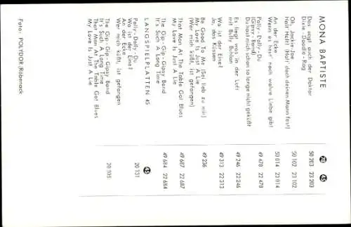 Ak Sängerin Mona Baptitste, Portrait, Polydor-Schallplatten, Autogramm