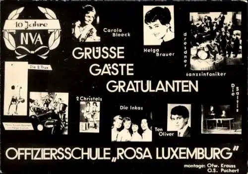 Ak 10 Jahre NVA, Offiziersschule Rosa Luxemburg, Fotomontage, Die 2 Trux, 2 Christels, Ten Oliver