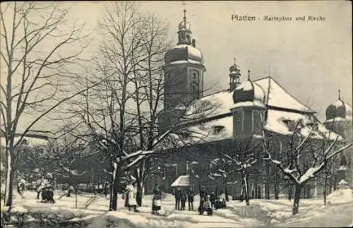 Ak Platten an der Mosel, Marktplatz und Kirche, Winter