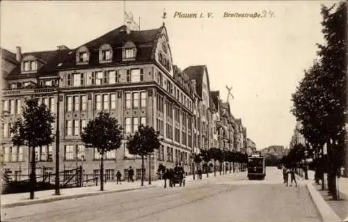 Ak Plauen im Vogtland, Breitestraße mit Straßenbahn, Pferdekutsche