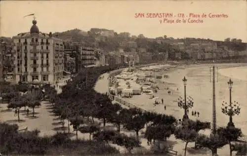 Ak Donostia San Sebastián Baskenland, Plaza de Cervantes und Playa de la Concha