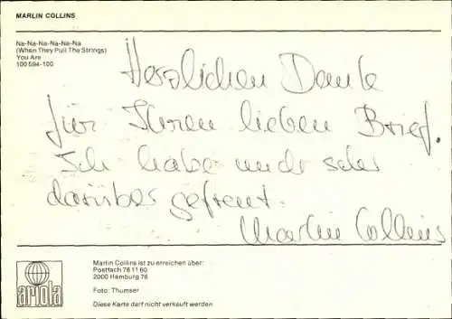 Ak Sängerin Marlin Collins, Portrait, Autogramm