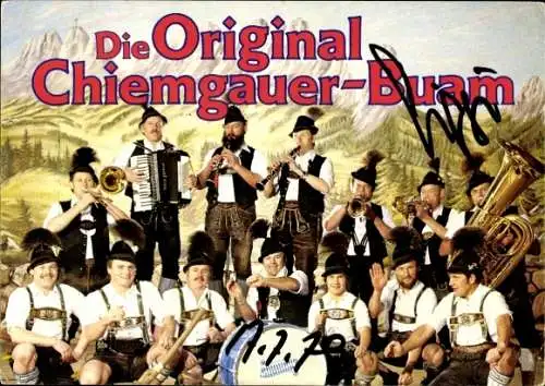 Ak Musikgruppe Die Original Chiemgauer-Buam, Portrait mit Musikinstrumenten, Autogramm