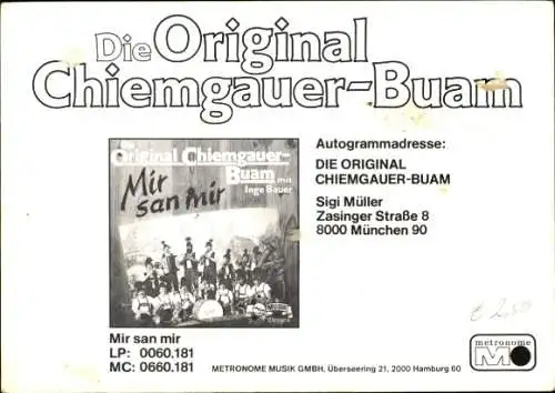 Ak Musikgruppe Die Original Chiemgauer-Buam, Portrait mit Musikinstrumenten, Autogramm