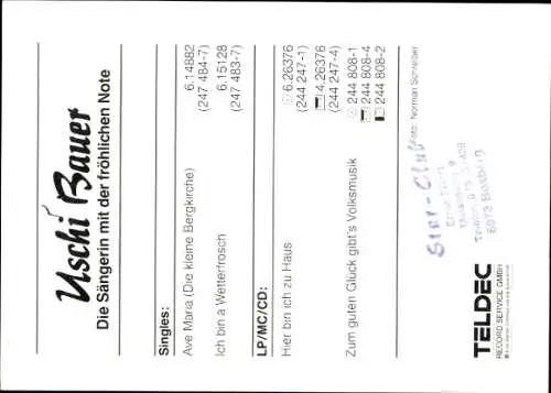 Ak Sängerin Uschi Bauer, Portrait, Autogramme