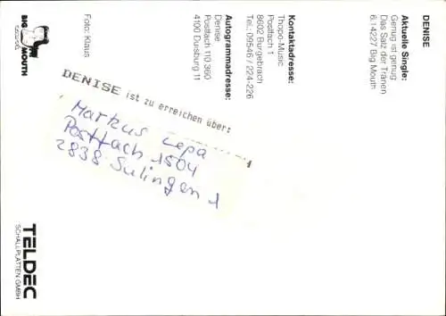 Ak Sängerin Denise, Portrait, Autogramm