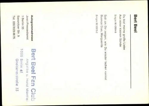 Ak Sänger Bert Beel, Portrait, Autogramm