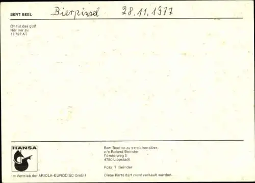 Ak Sänger Bert Beel, Portrait, Autogramm