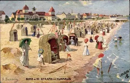 Künstler Ak Bumberg, K., Seebad Binz auf Rügen, Strand, Kurhaus, Strandkörbe