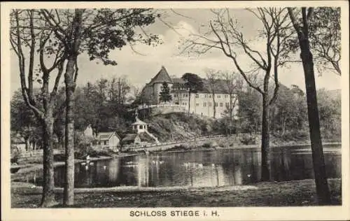 Ak Stiege Oberharz am Brocken, Schloss, Teich