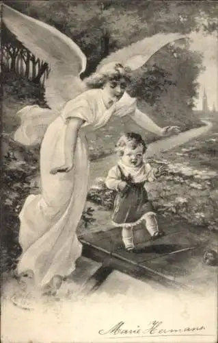 Ak Schutzengel wacht über Kleinkind auf einem Steg