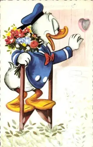 Ak Walt Disney, Donald Duck auf Stelzen, Blumenstrauß